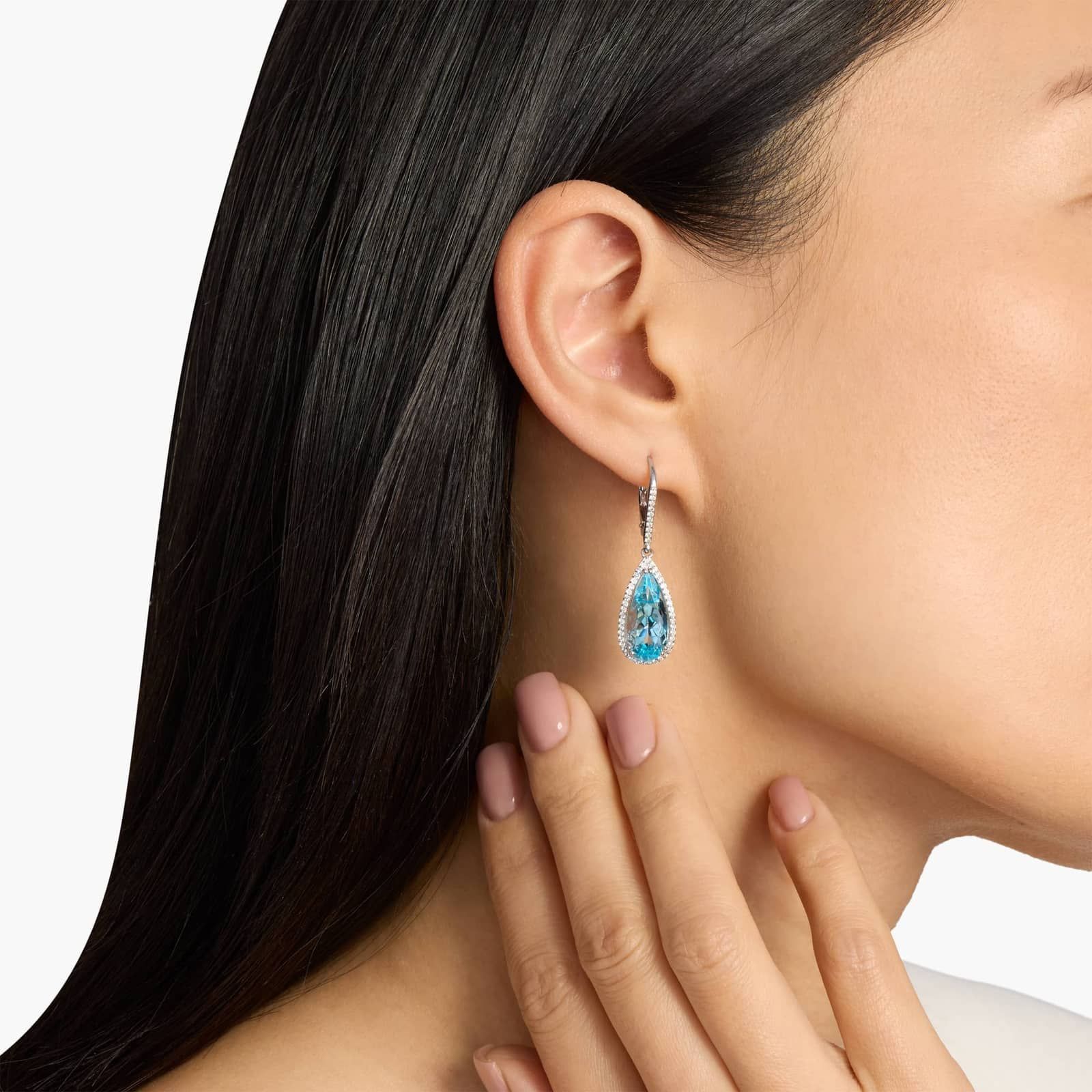 Sterling Silver Blue Pear Drop Diamond Halo Earrings