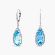 Sterling Silver Blue Pear Drop Diamond Halo Earrings