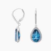 Sterling Silver Blue Pear Drop Diamond Leverback Earrings