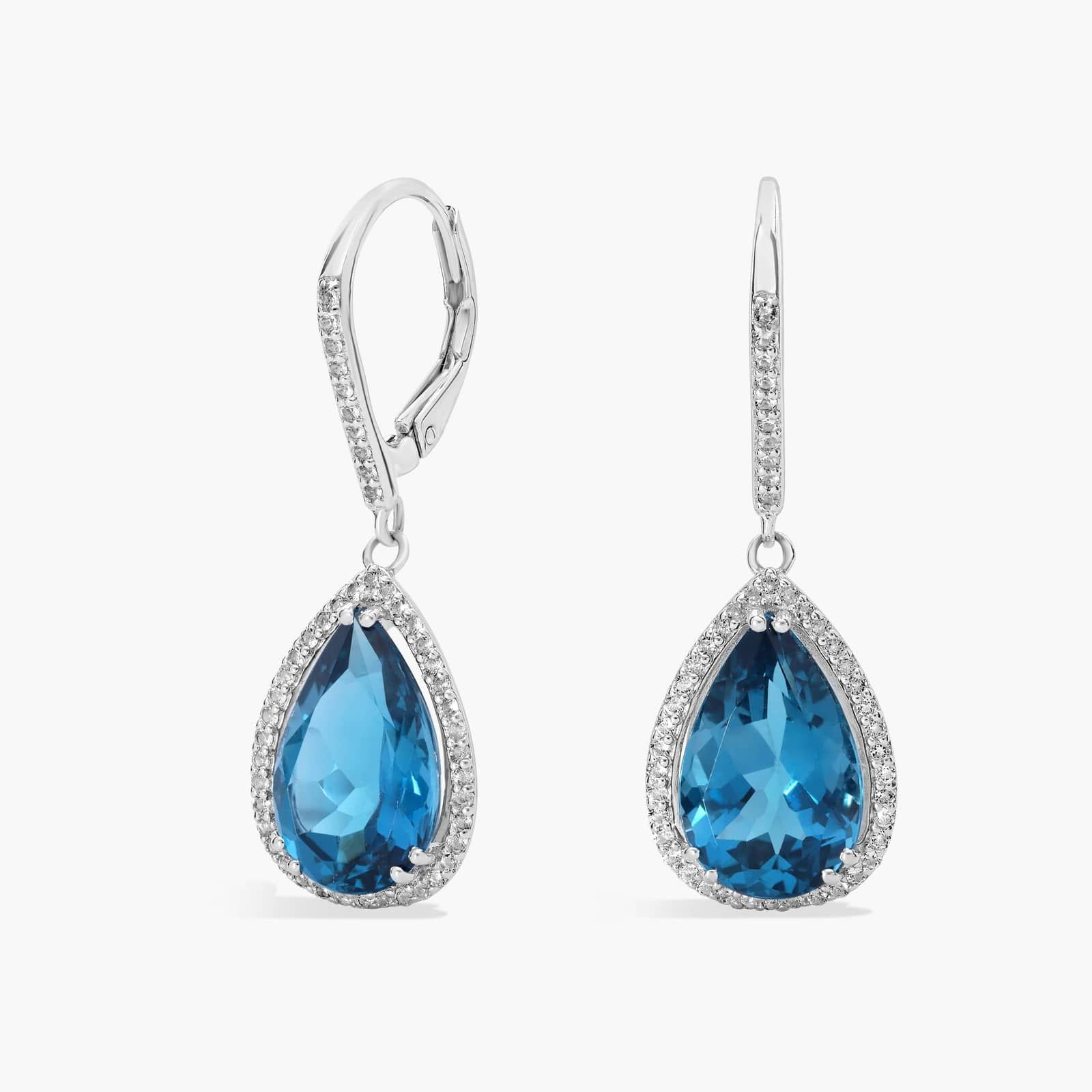 Sterling Silver Blue Pear Drop Diamond Leverback Earrings