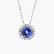 Sterling Silver Blue Sapphire Diamond Halo Pendant Chain Necklace