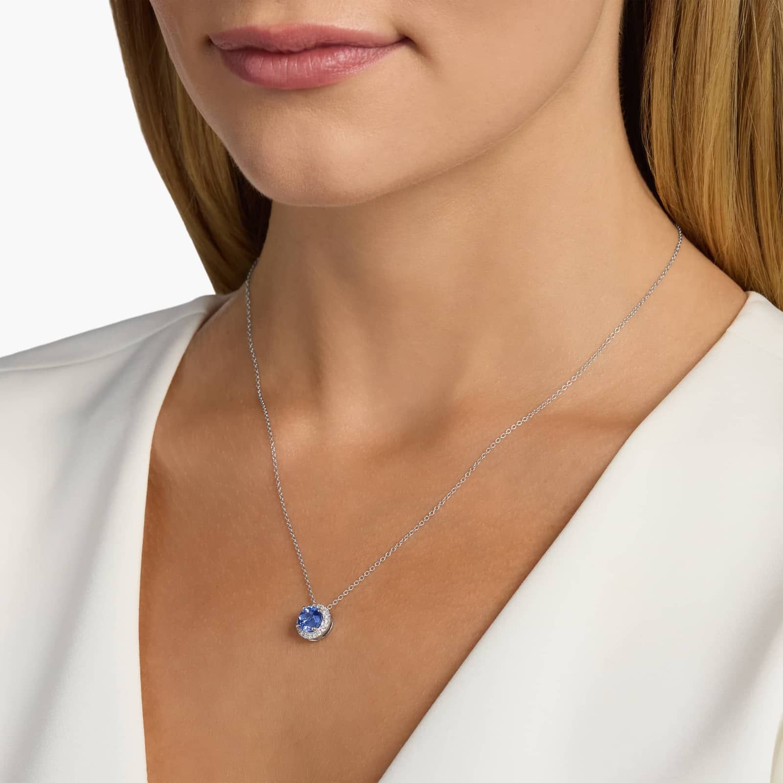 Sterling Silver Blue Sapphire Diamond Halo Pendant Chain Necklace