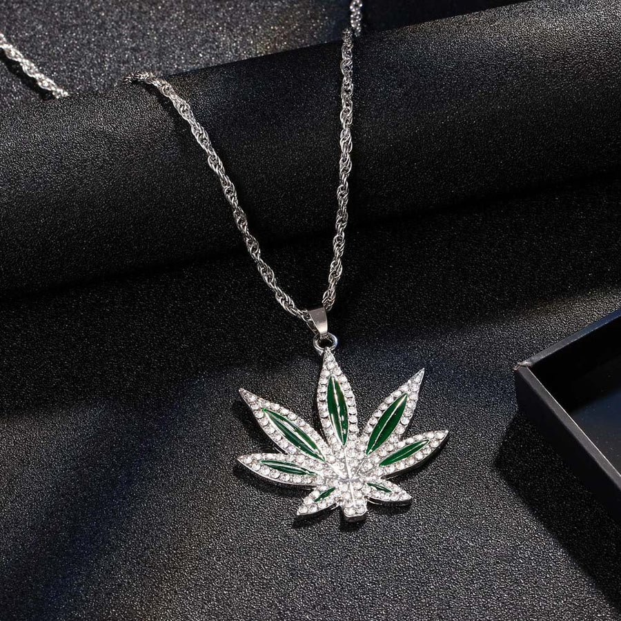 Sterling Silver Pavé Cannabis Leaf Pendant Chain Necklace