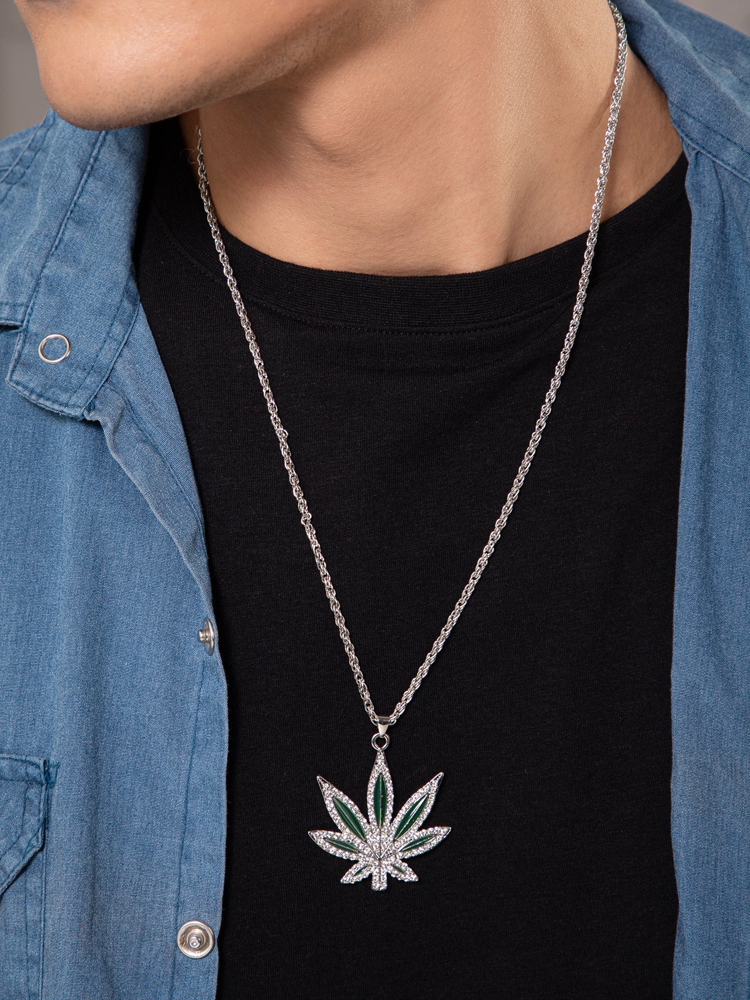 Sterling Silver Pavé Cannabis Leaf Pendant Chain Necklace