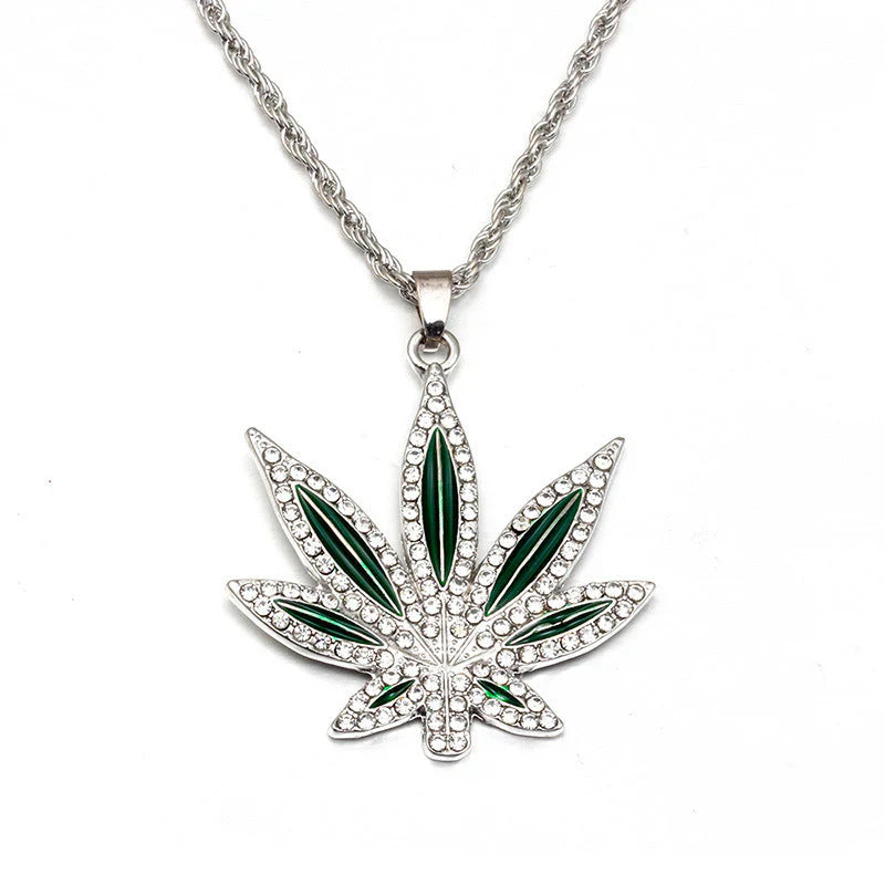 Sterling Silver Pavé Cannabis Leaf Pendant Chain Necklace