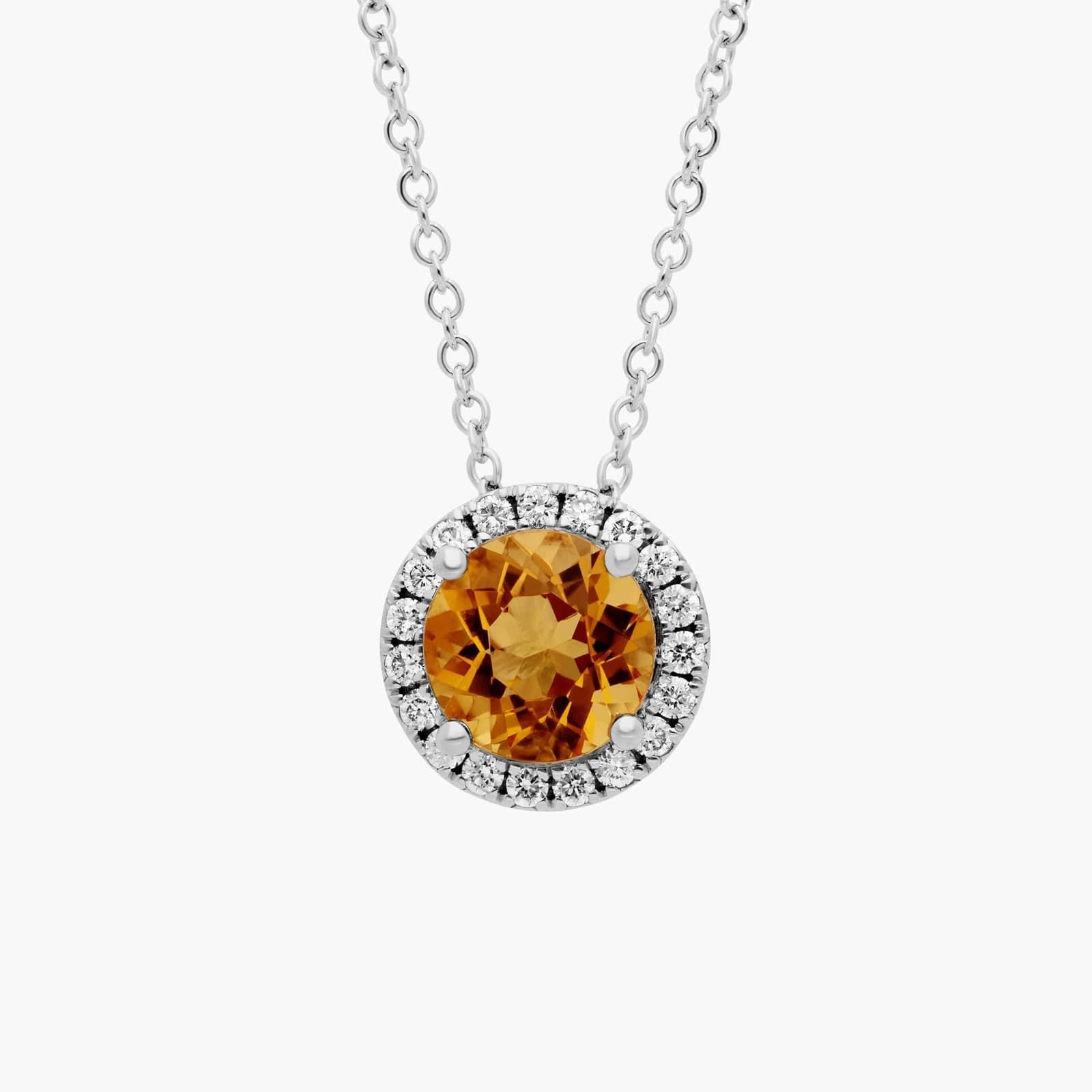 Sterling Silver Citrine Diamond Halo Pendant Chain Necklace