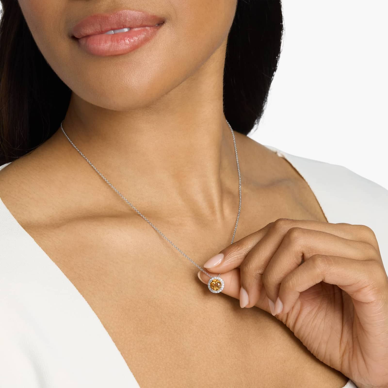 Sterling Silver Citrine Diamond Halo Pendant Chain Necklace