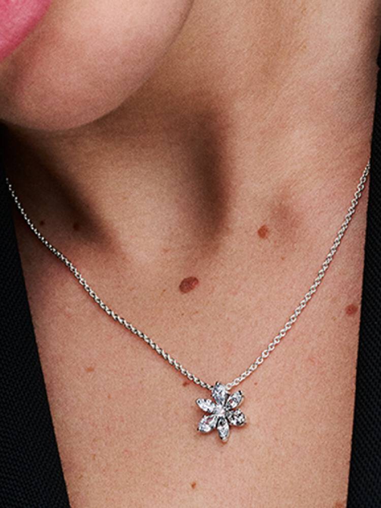 Sterling Silver Diamond Flower Pendant Necklace