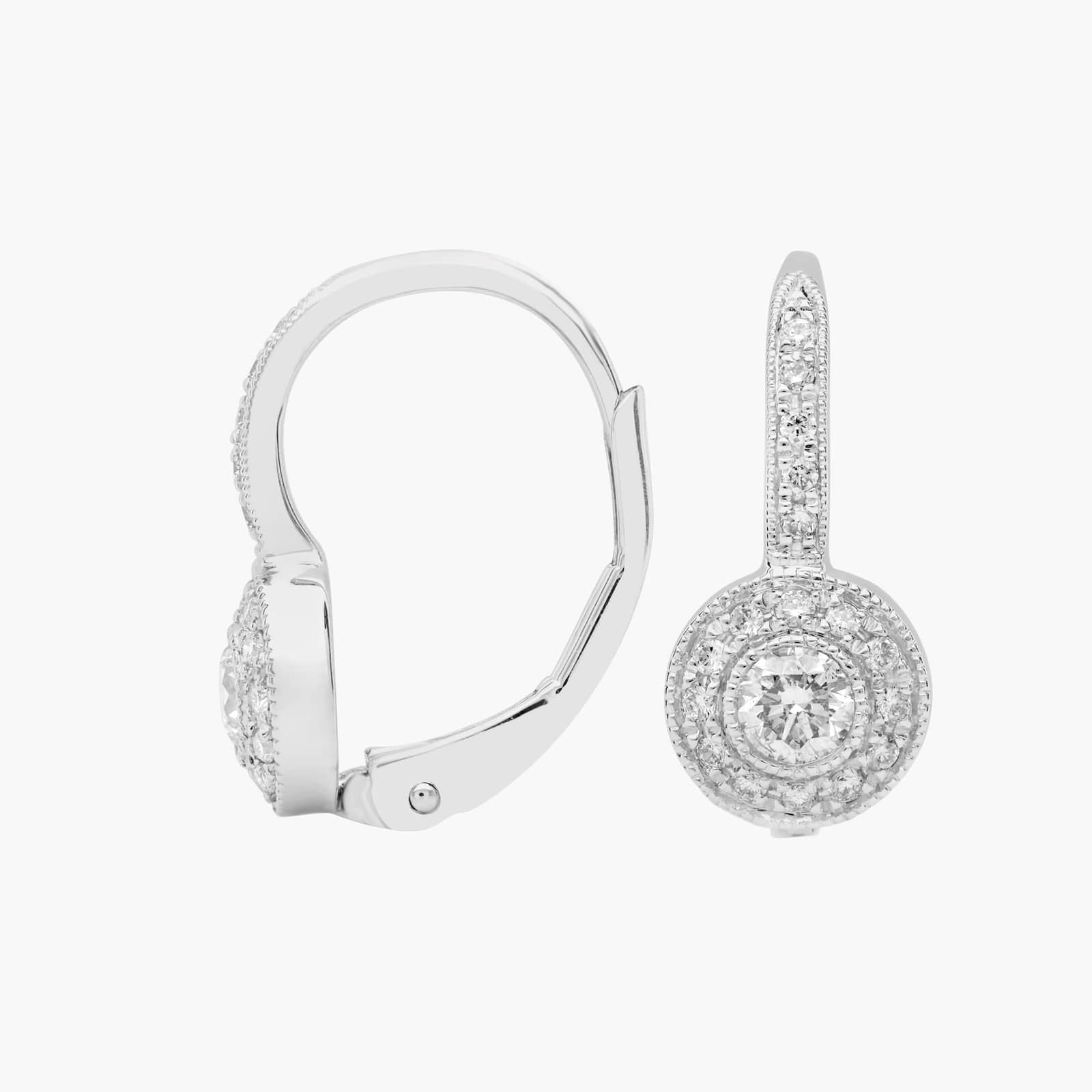 Sterling Silver Diamond Halo Drop Leverback Earrings