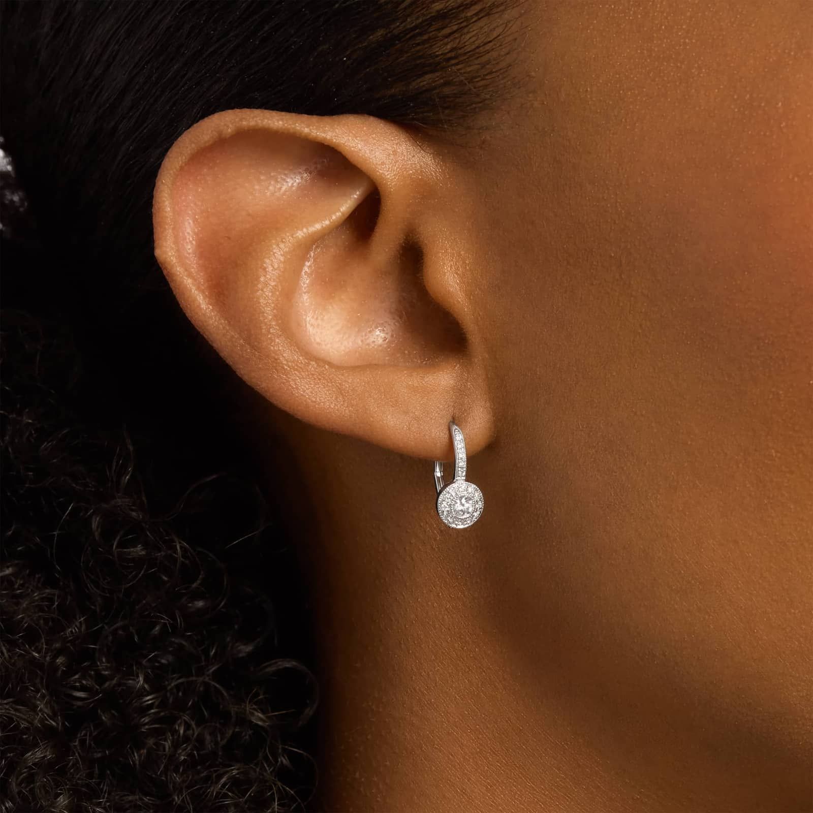 Sterling Silver Diamond Halo Drop Leverback Earrings