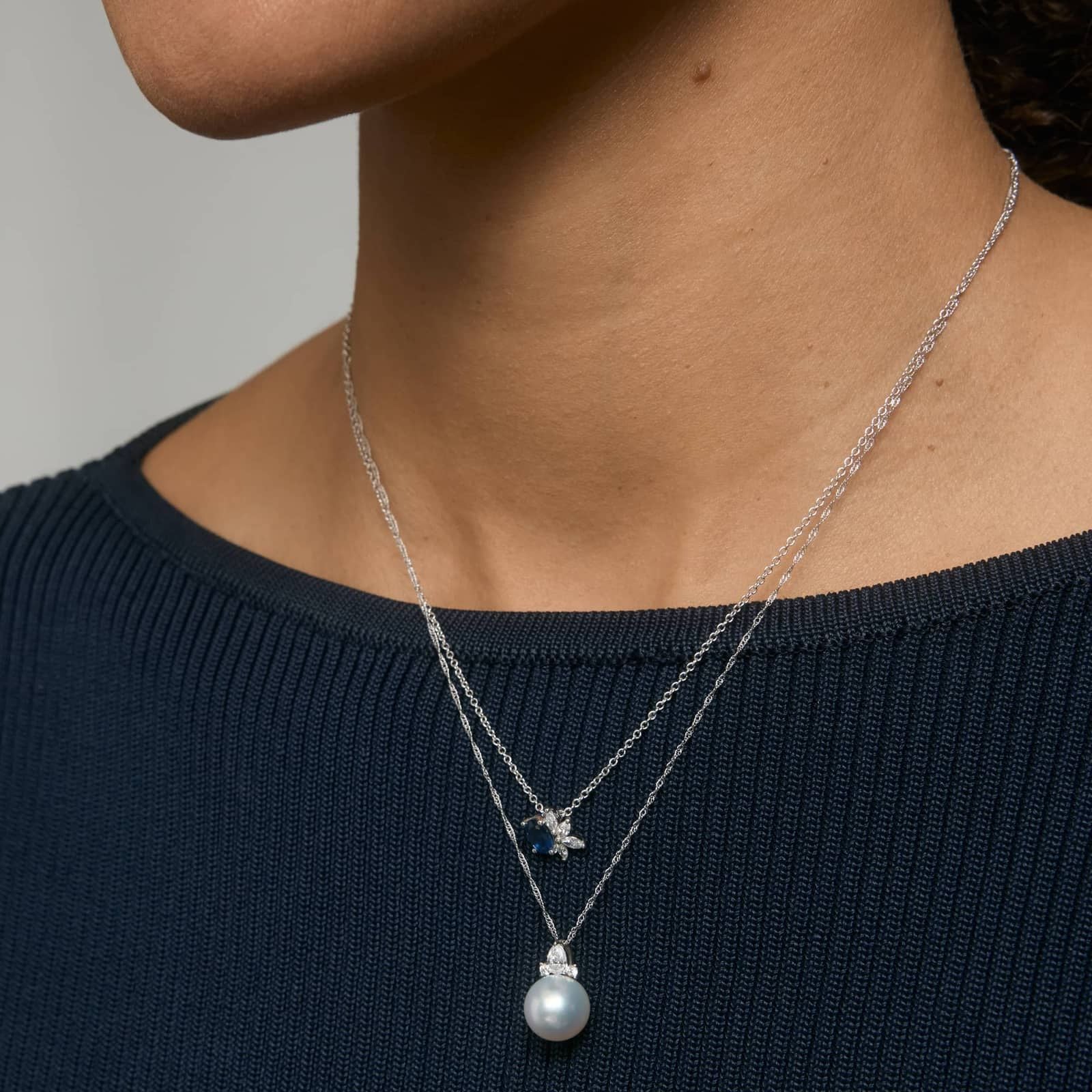 Sterling Silver Diamond Pearl Drop Pendant Necklace