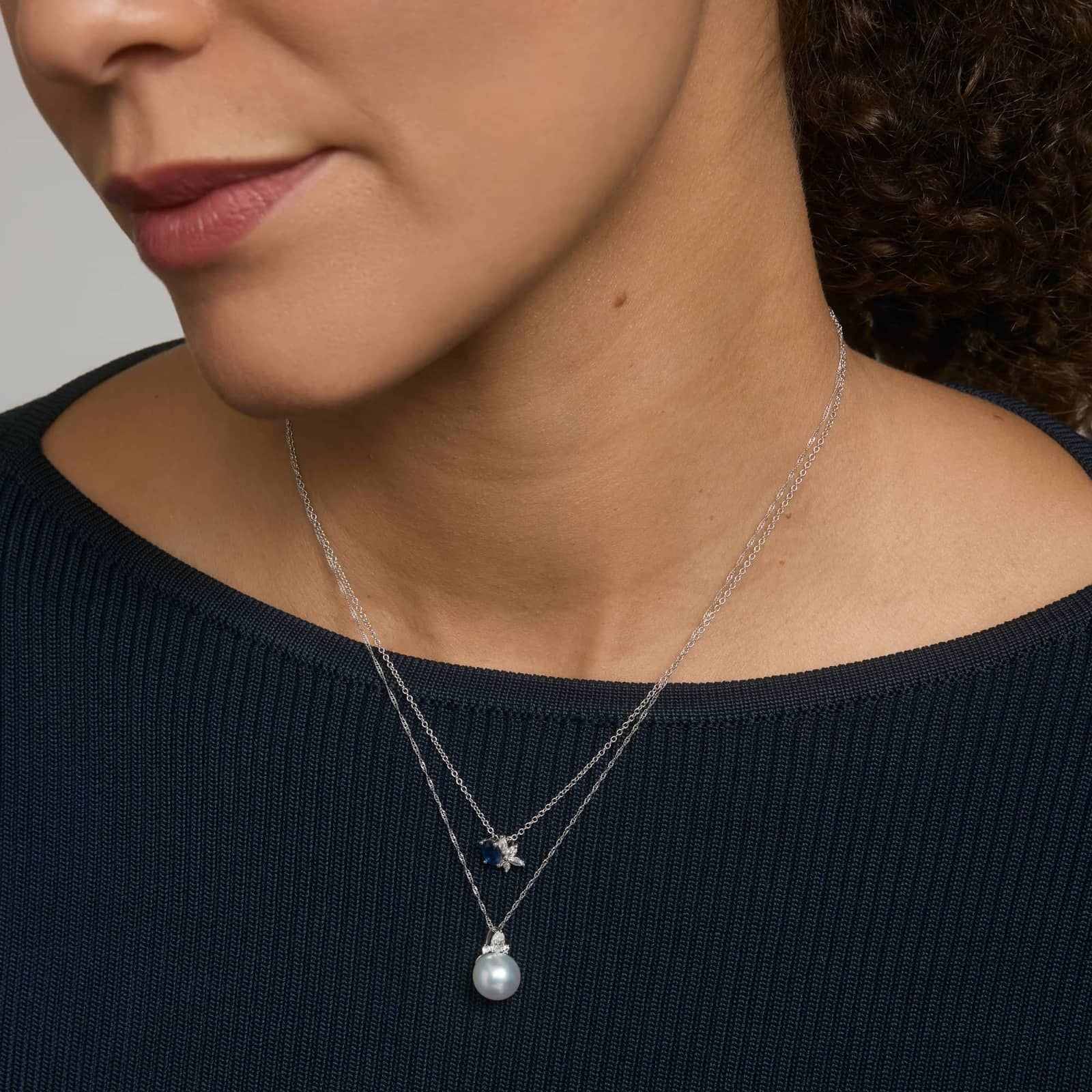 Sterling Silver Diamond Pearl Drop Pendant Necklace