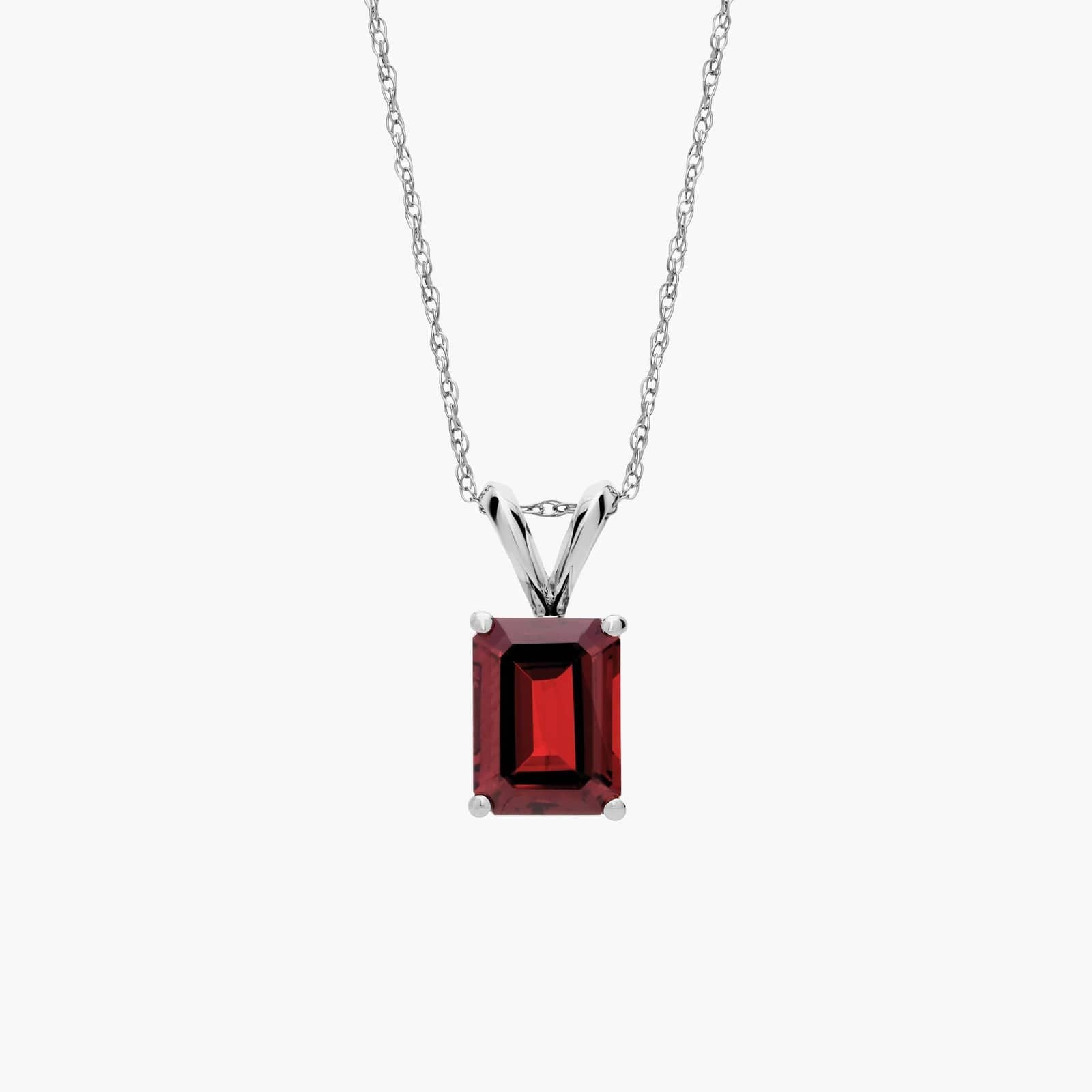 Sterling Silver Emerald Cut Red Garnet Solitaire Pendant Necklace