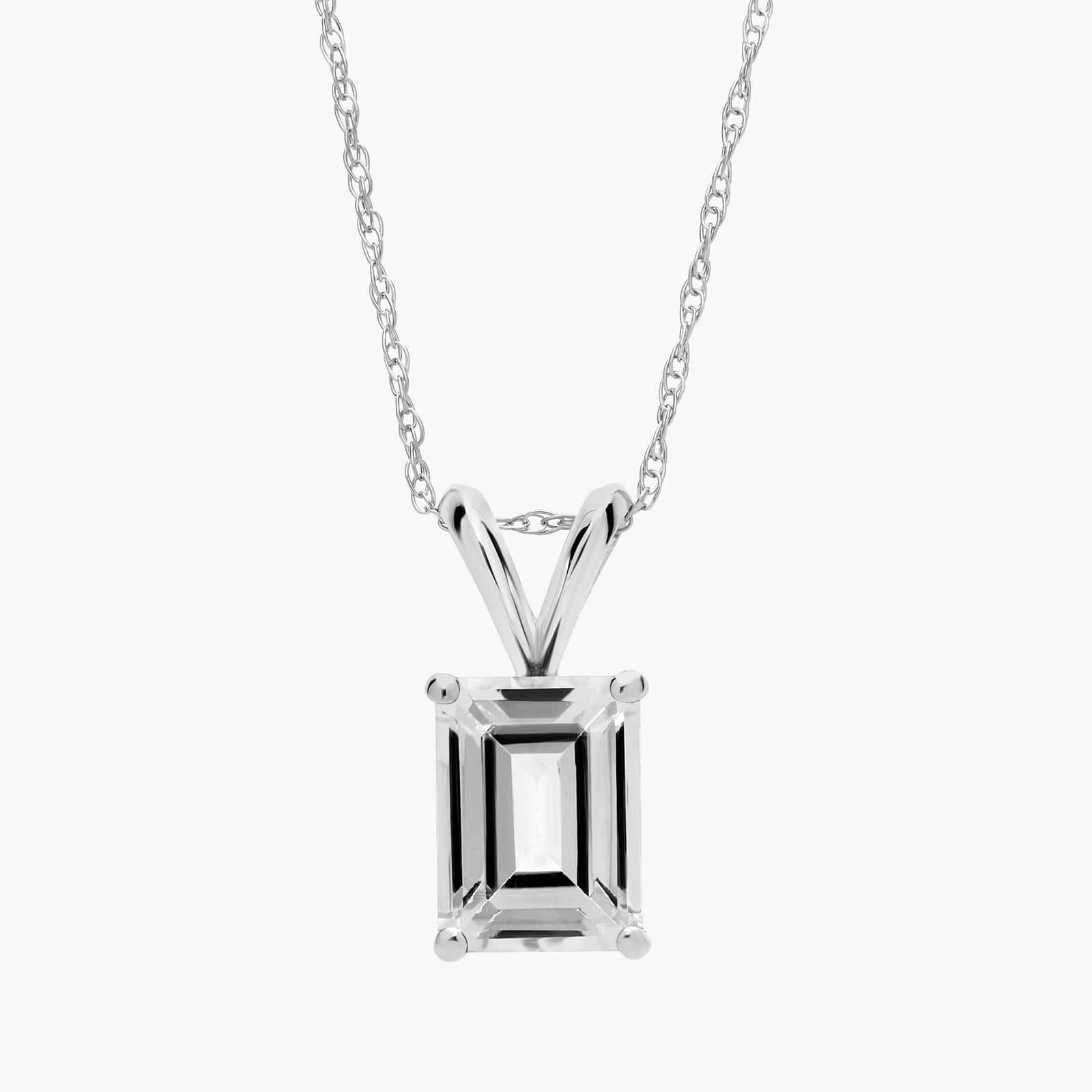 Sterling Silver Emerald Cut White Topaz Solitaire Pendant Necklace