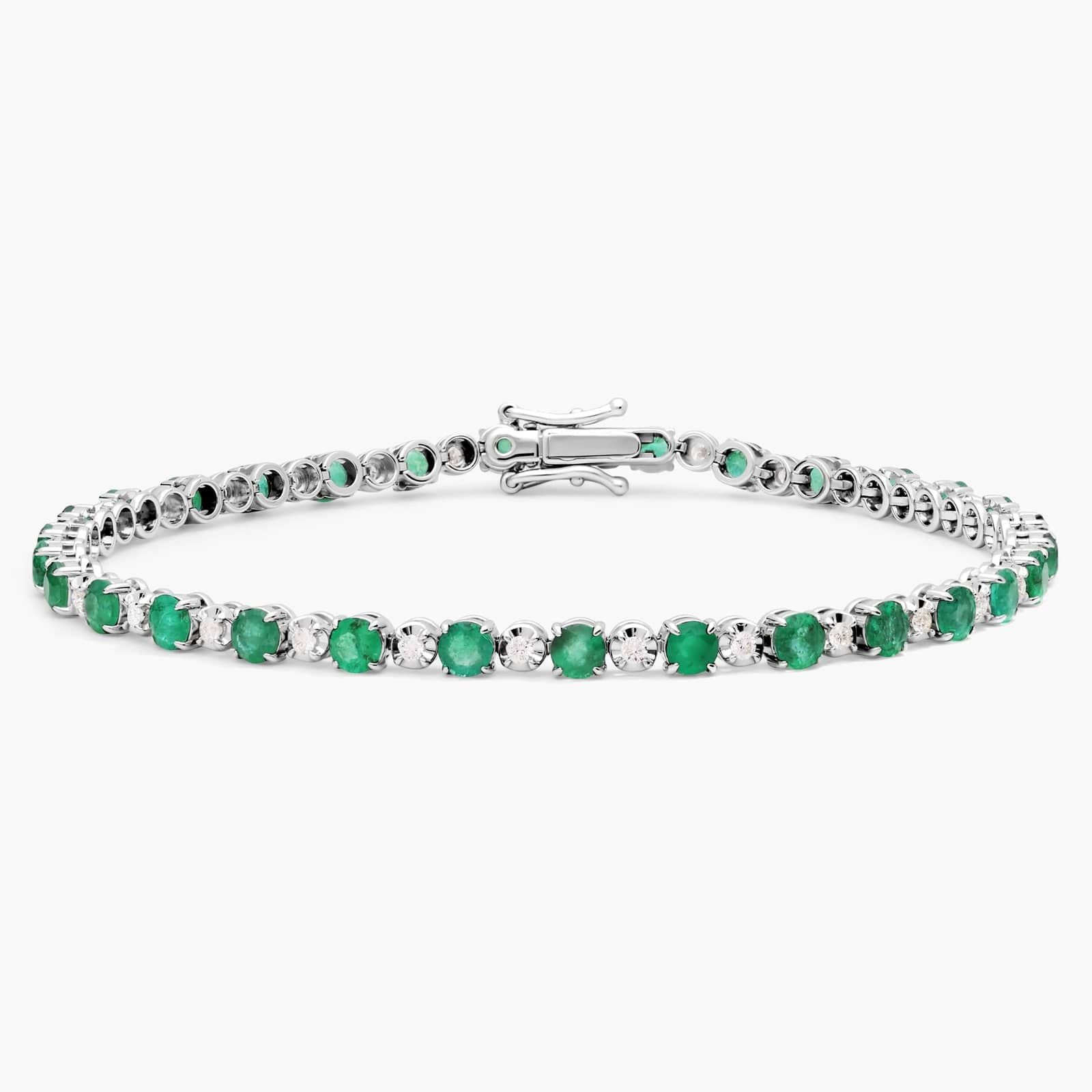 Sterling Silver Emerald Diamond Round Tennis Bracelet