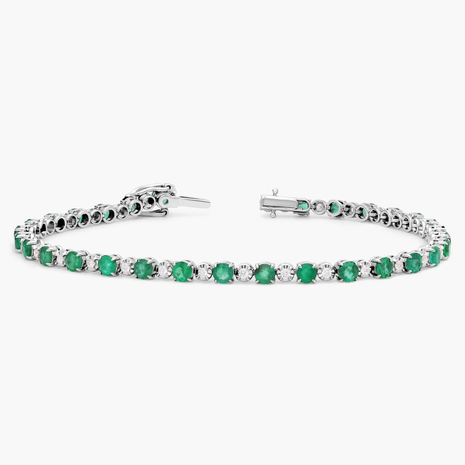 Sterling Silver Emerald Diamond Round Tennis Bracelet