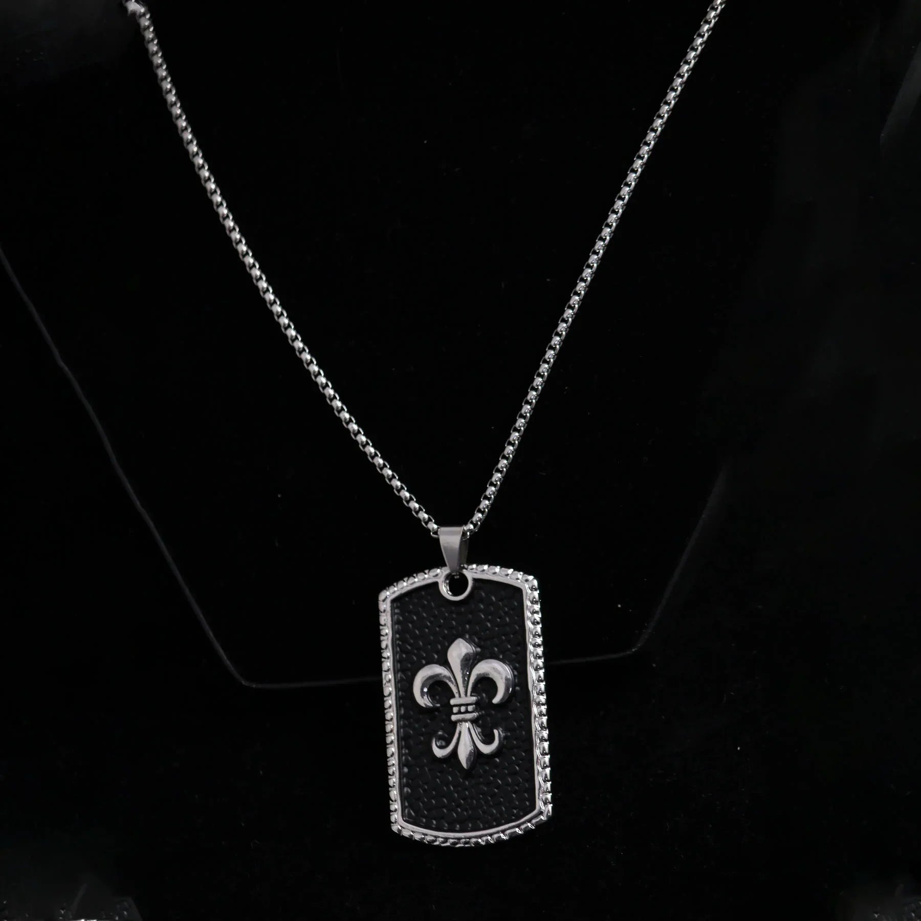 Sterling Silver Fleur De Lis Dog Tag Pendant Necklace