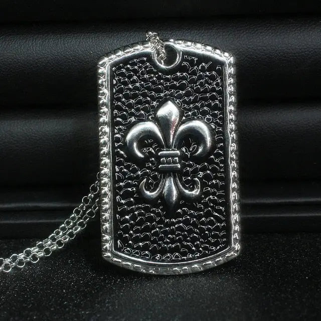 Sterling Silver Fleur De Lis Dog Tag Pendant Necklace
