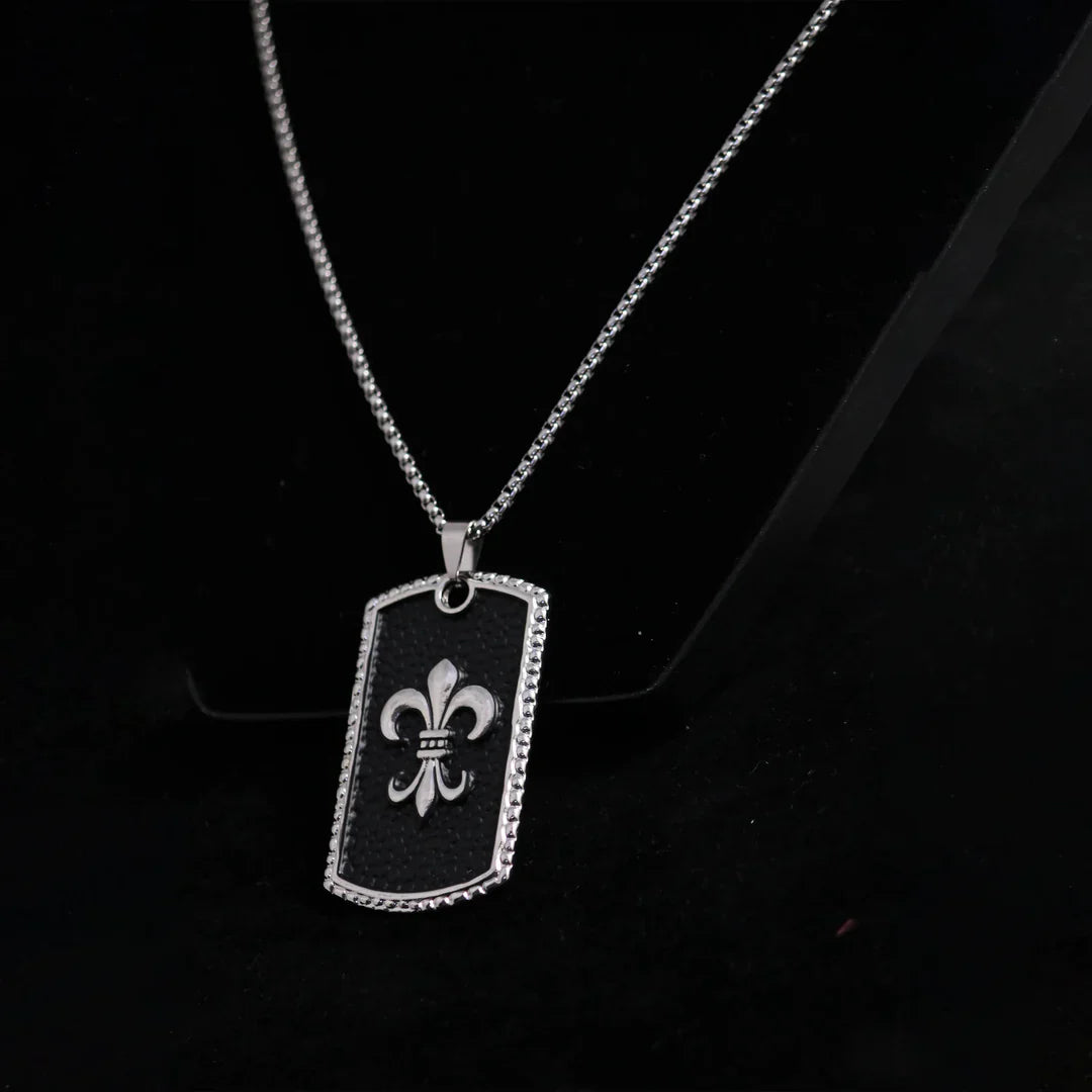 Sterling Silver Fleur De Lis Dog Tag Pendant Necklace