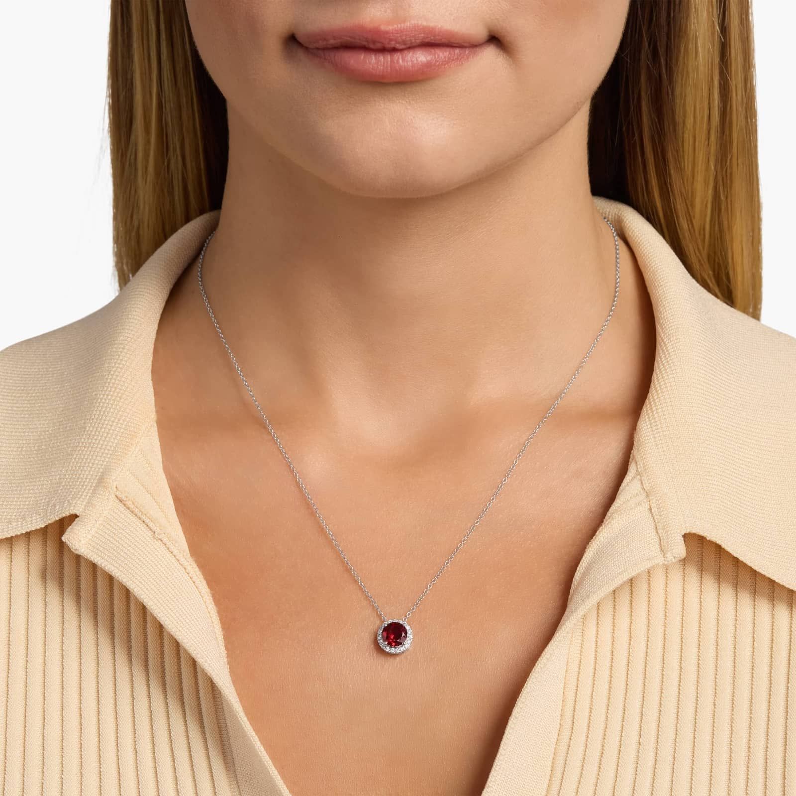 Sterling Silver Garnet Diamond Halo Pendant Chain Necklace