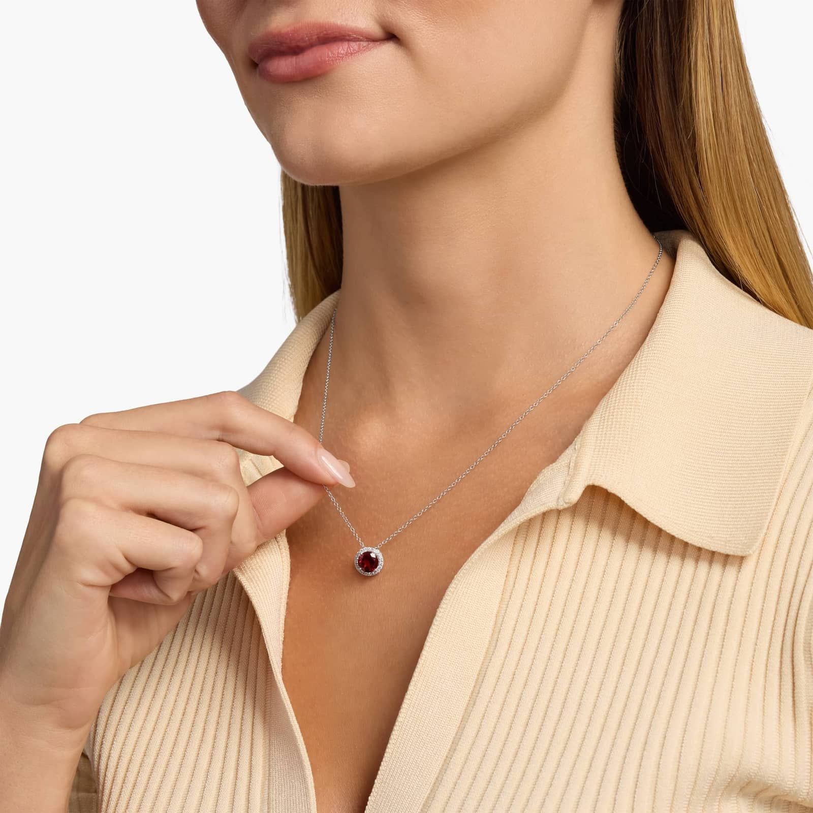 Sterling Silver Garnet Diamond Halo Pendant Chain Necklace