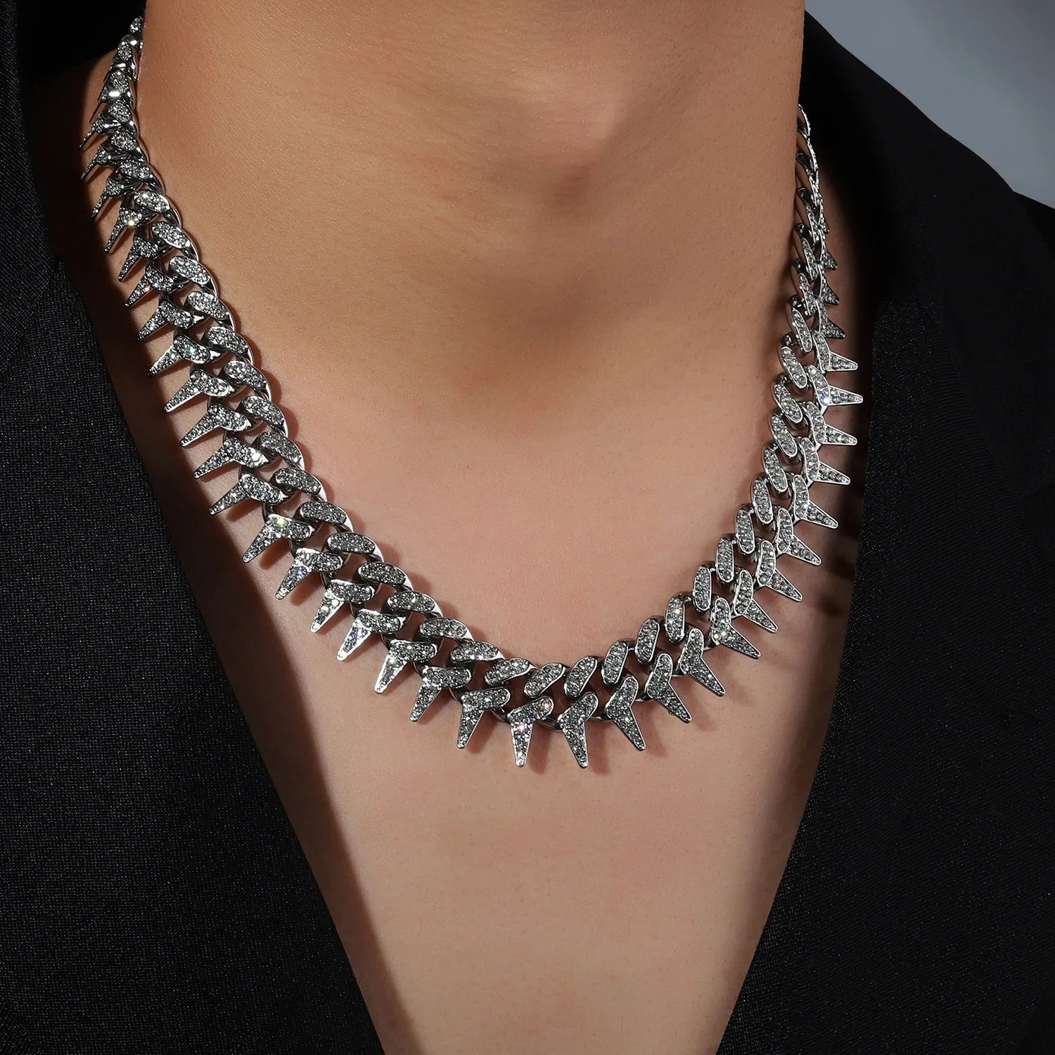 Sterling Silver Iced Spike Cuban Chain Necklace