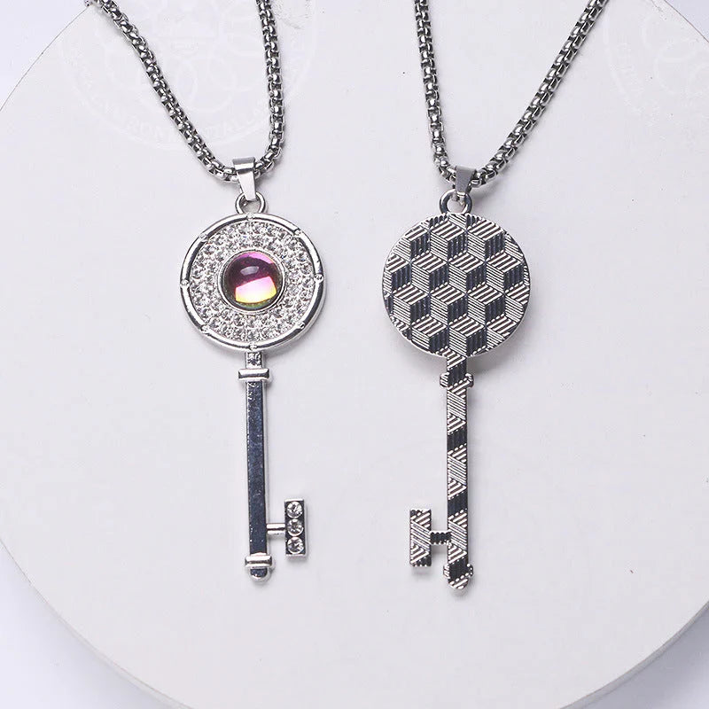 Sterling Silver Diamond Key Pendant Necklace with Center Stone