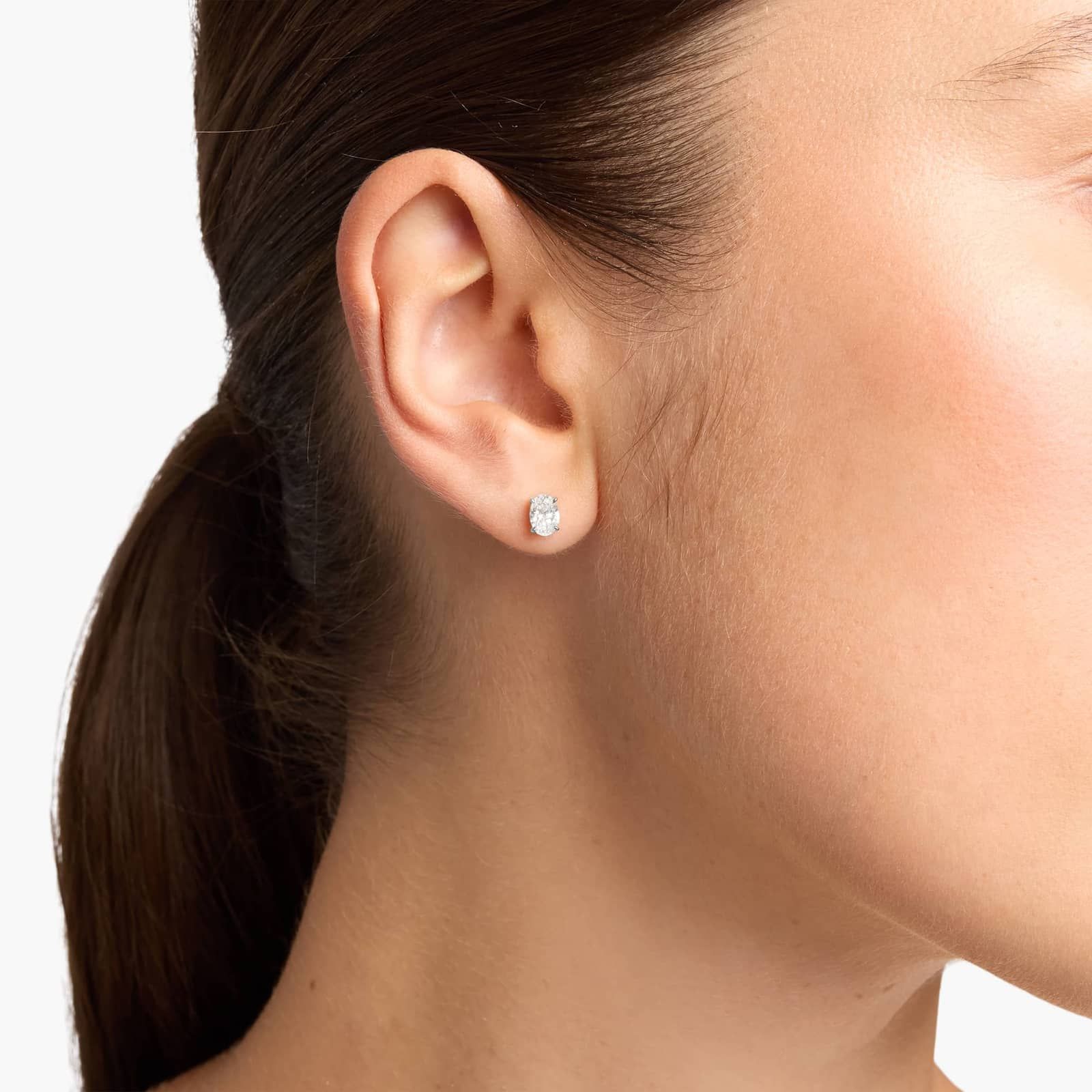 Sterling Silver Oval Solitaire Diamond Stud Earrings
