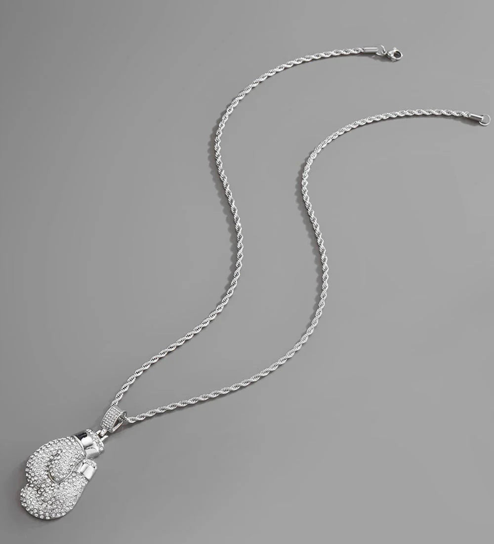 Sterling Silver Pave Diamond Boxing Gloves Pendant Chain Necklace