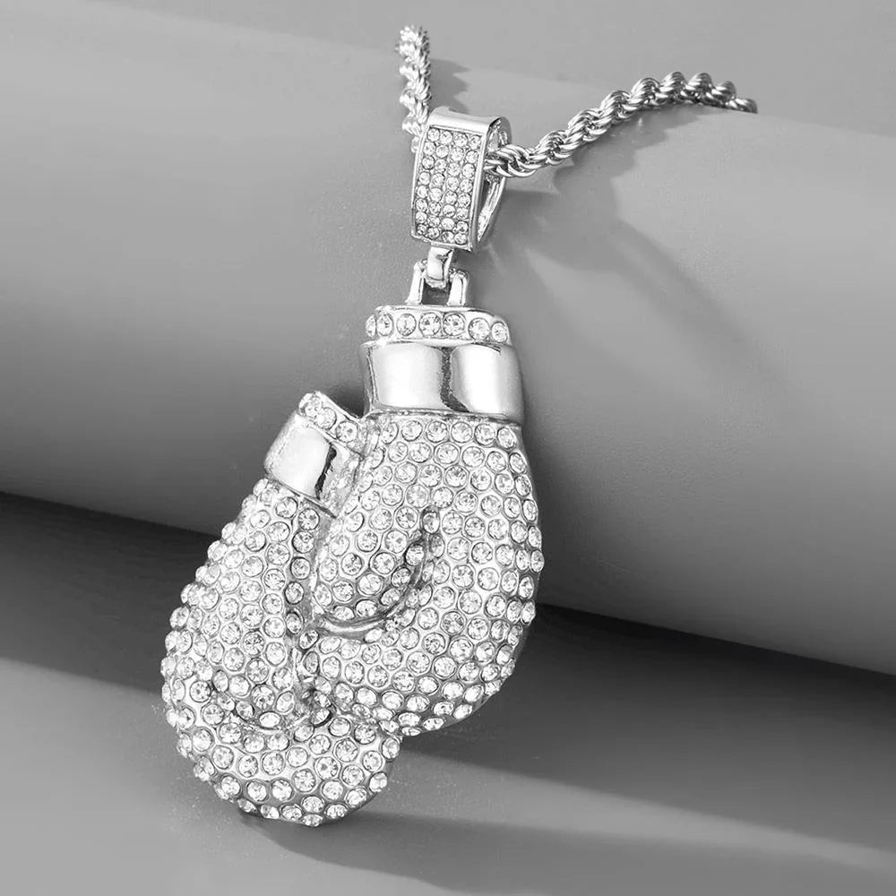 Sterling Silver Pave Diamond Boxing Gloves Pendant Chain Necklace