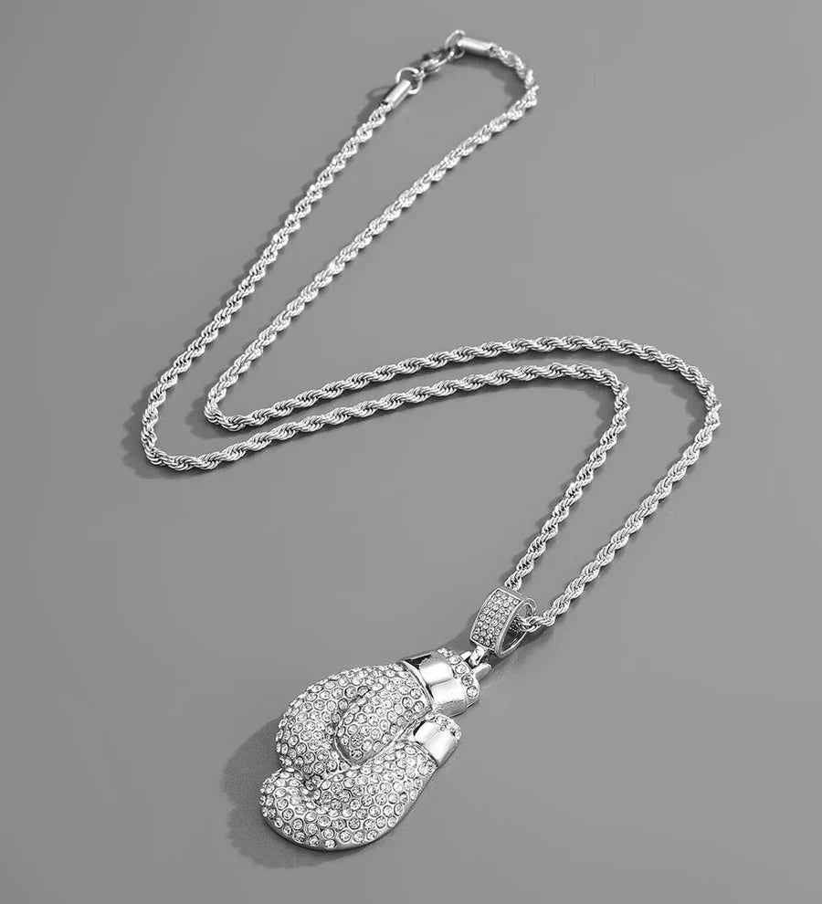 Sterling Silver Pave Diamond Boxing Gloves Pendant Chain Necklace