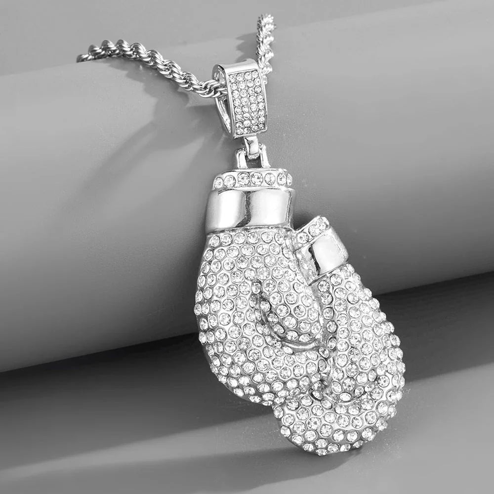 Sterling Silver Pave Diamond Boxing Gloves Pendant Chain Necklace