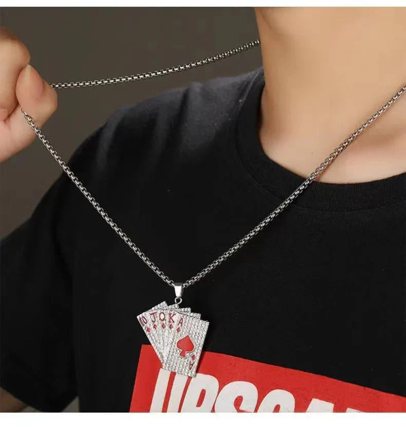 Sterling Silver Pavé Playing Cards Pendant Chain Necklace