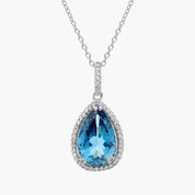 Sterling Silver Pear Blue Topaz Halo Pendant Necklace