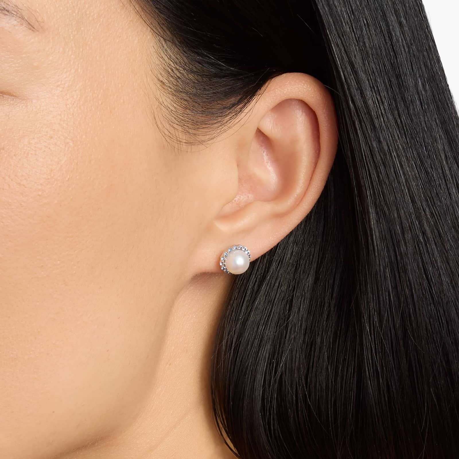Sterling Silver Pearl Blue Halo Stud Earrings