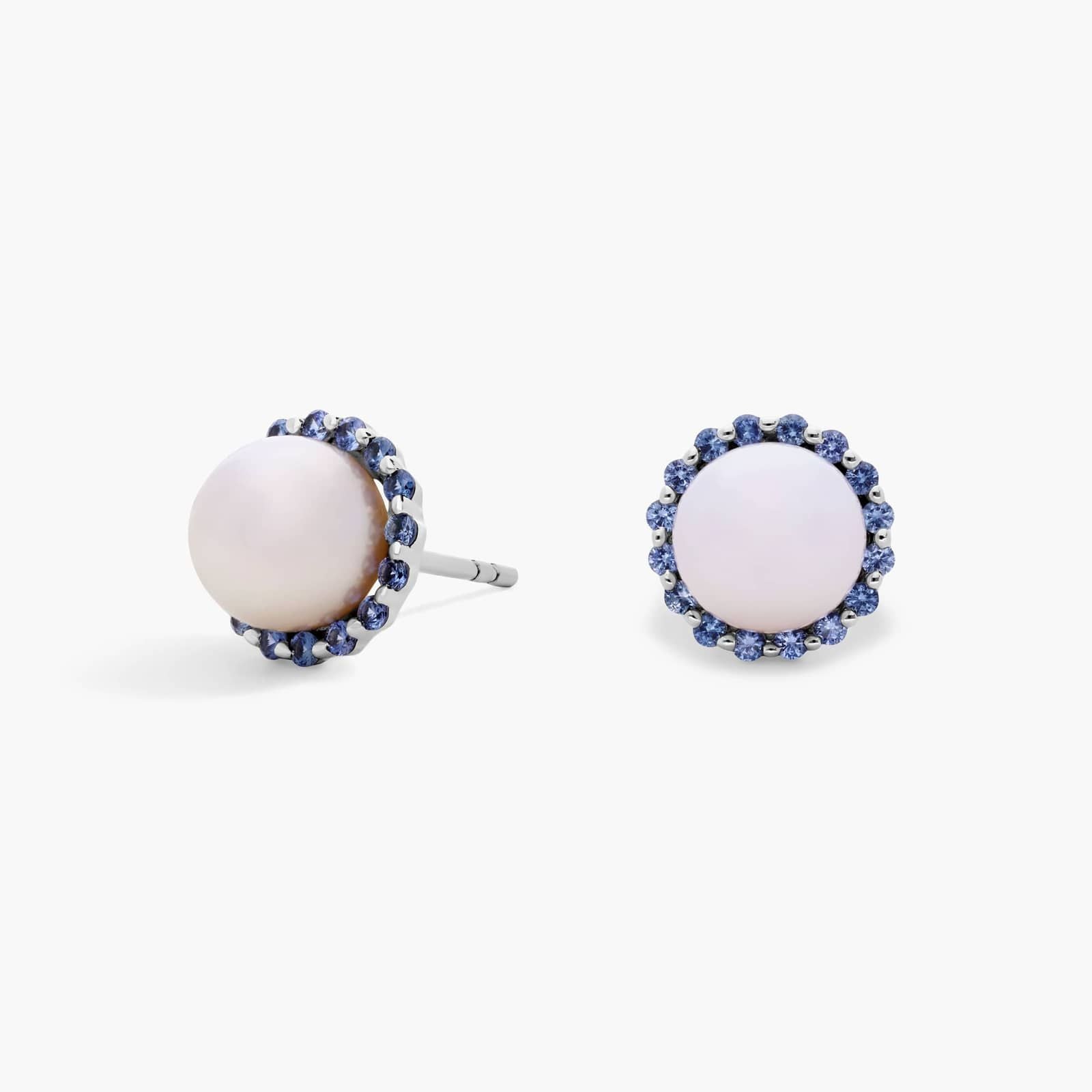 Sterling Silver Pearl Blue Halo Stud Earrings