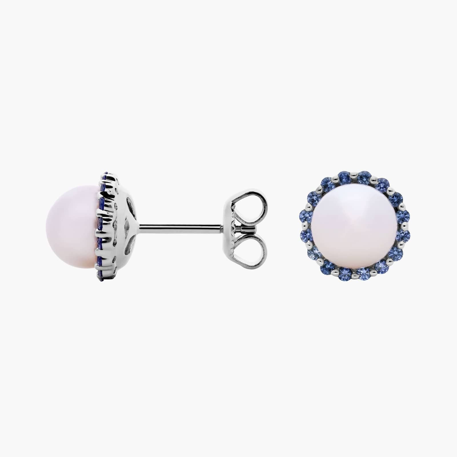 Sterling Silver Pearl Blue Halo Stud Earrings