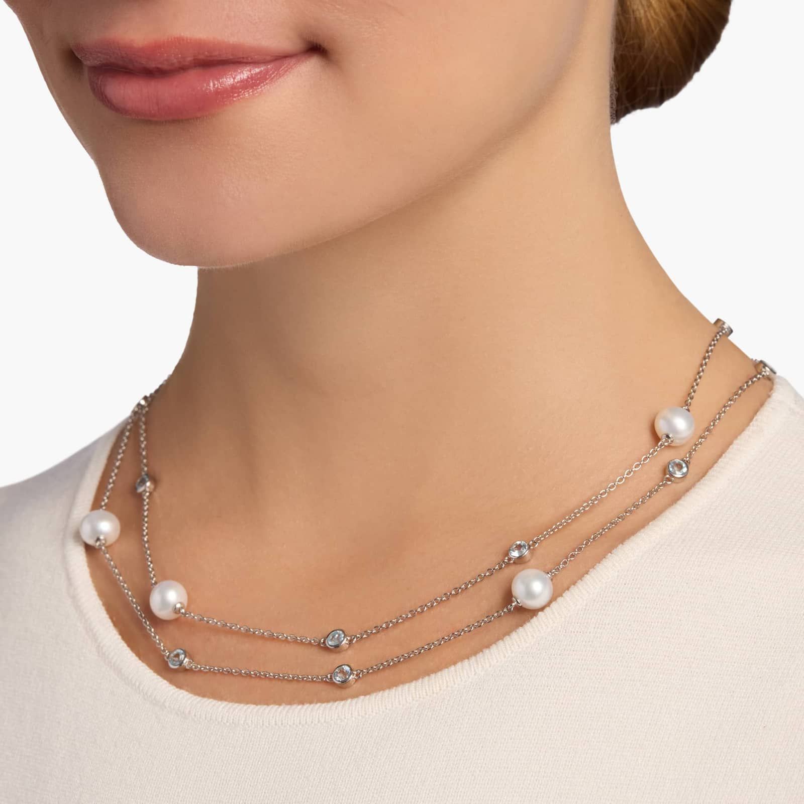 Sterling Silver Pearl Blue Topaz Station Necklace