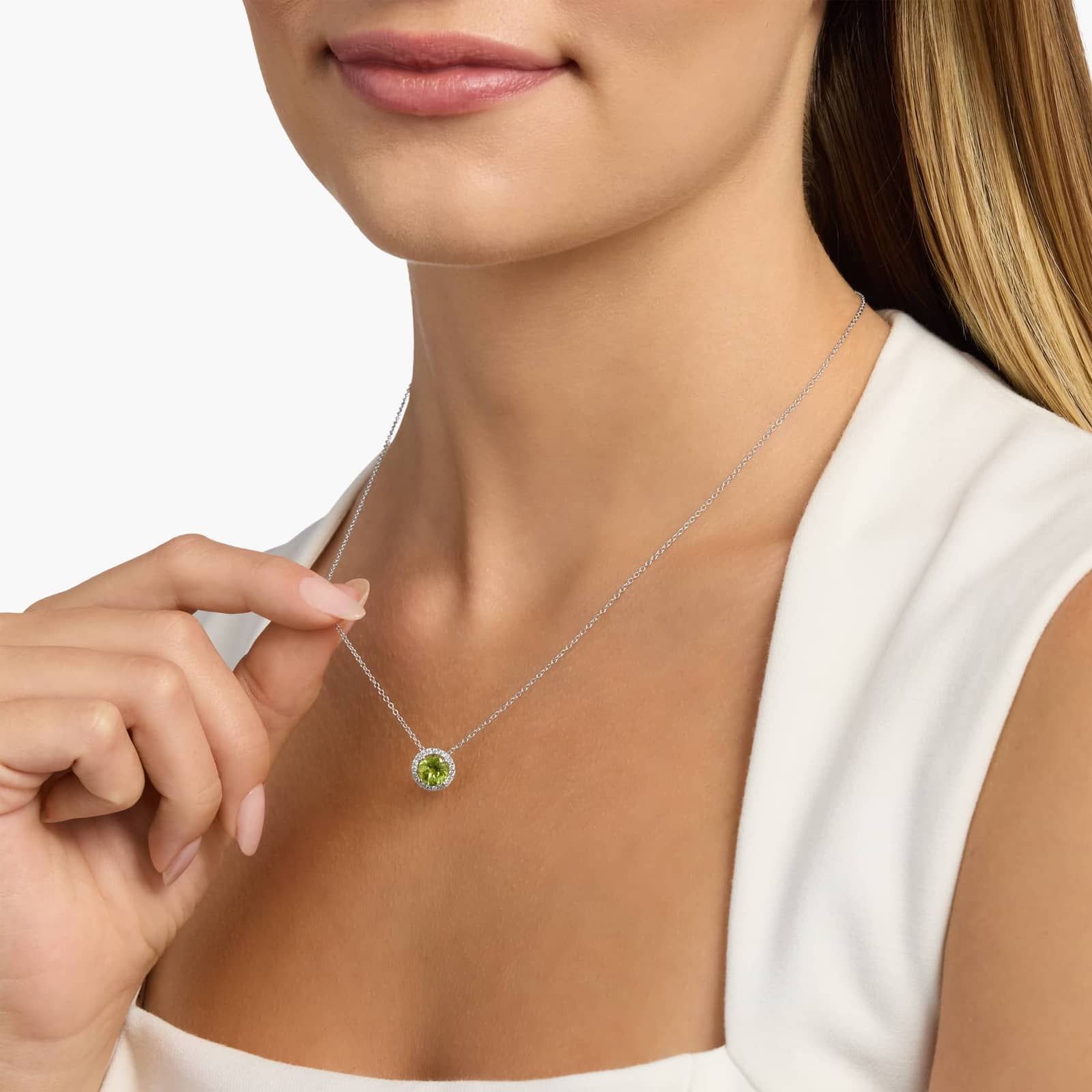 Sterling Silver Peridot Diamond Halo Pendant Chain Necklace