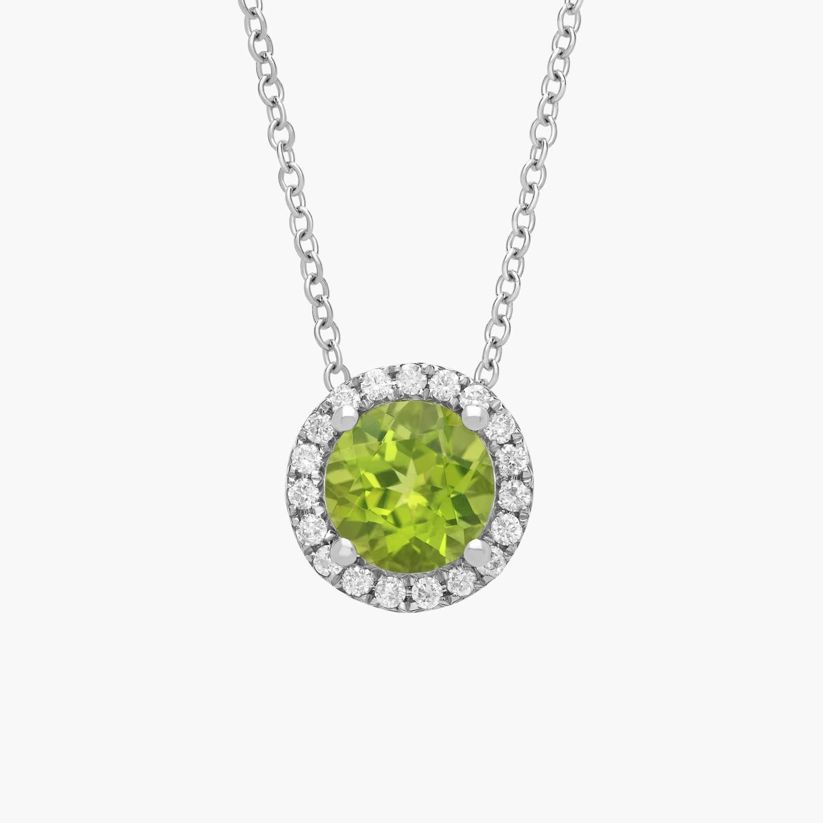 Sterling Silver Peridot Diamond Halo Pendant Chain Necklace