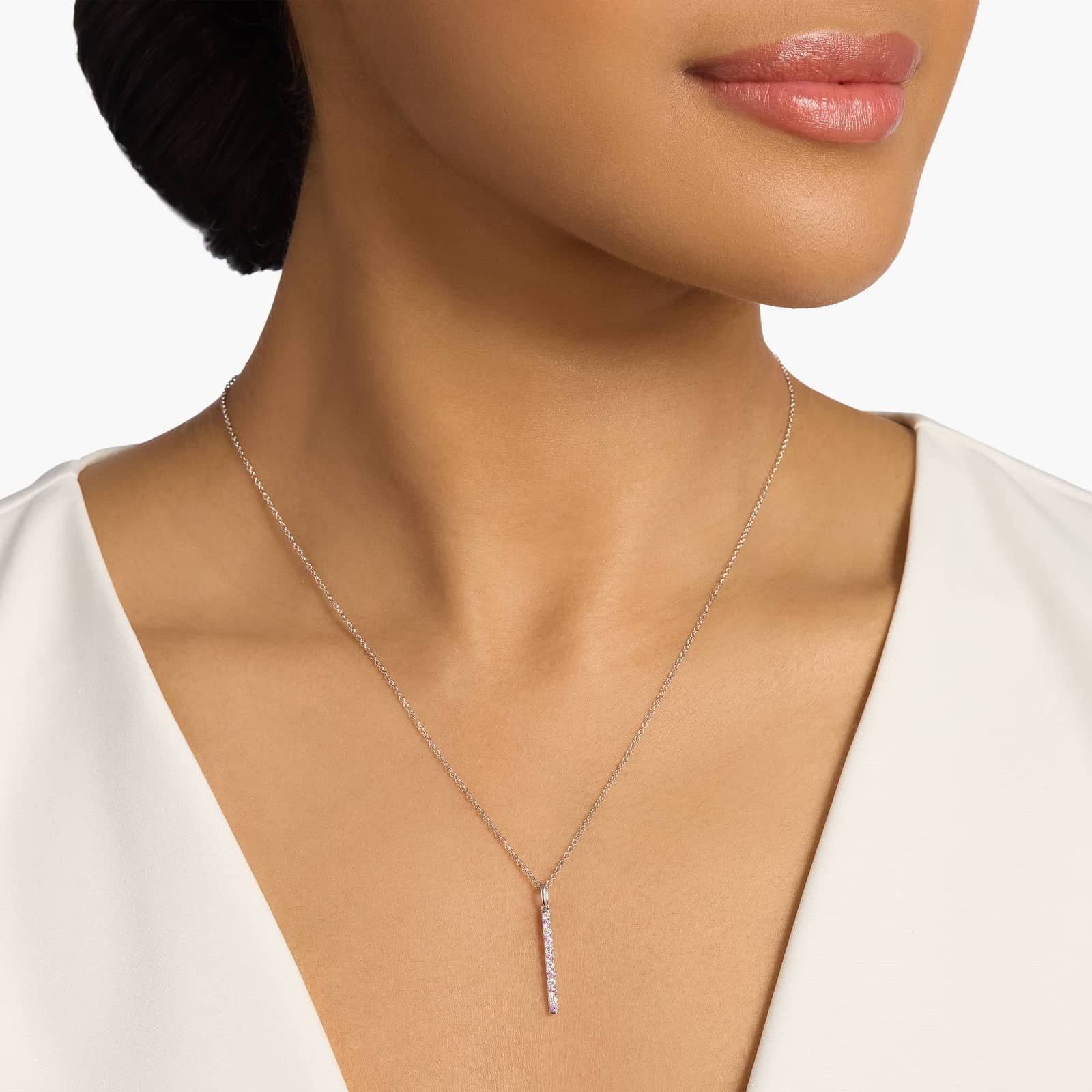 Sterling Silver Pink and White Stone Vertical Bar Pendant Necklace
