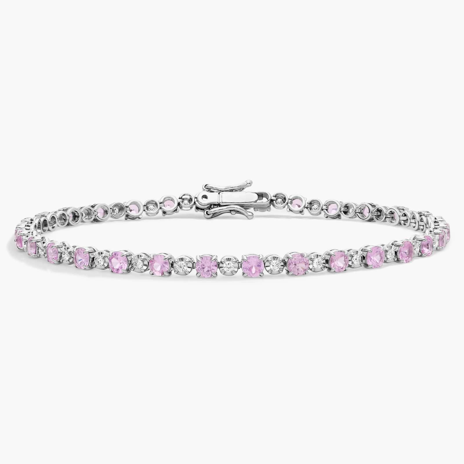 Sterling Silver Pink Sapphire Diamond Round Tennis Bracelet