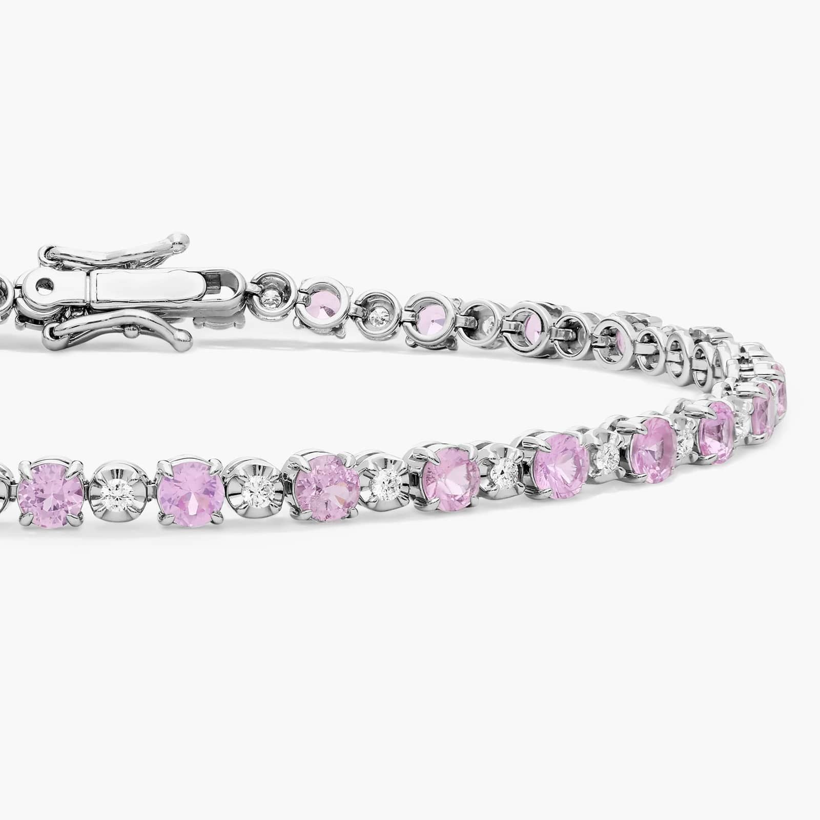 Sterling Silver Pink Sapphire Diamond Round Tennis Bracelet