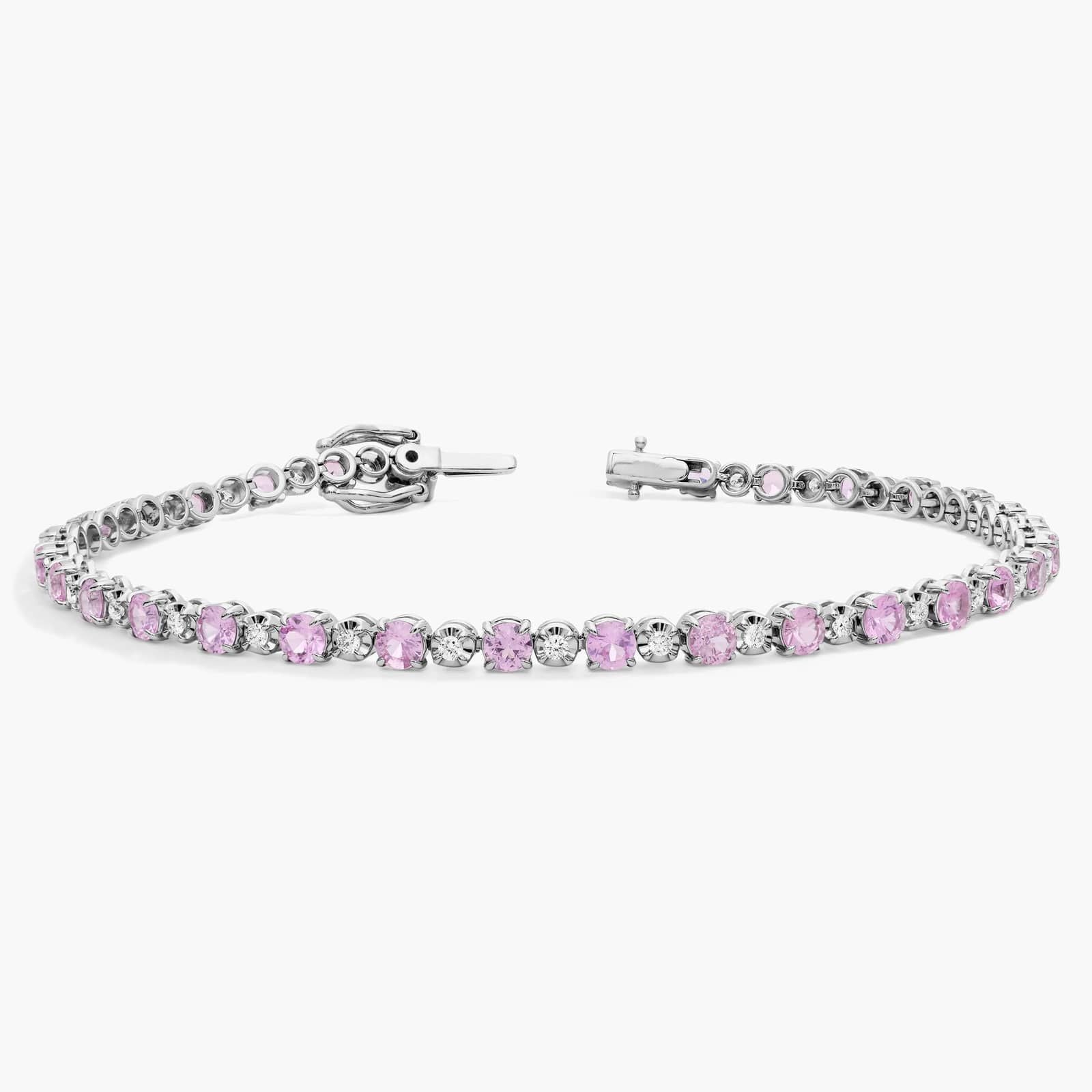 Sterling Silver Pink Sapphire Diamond Round Tennis Bracelet