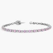 Sterling Silver Pink Sapphire Diamond Round Tennis Bracelet