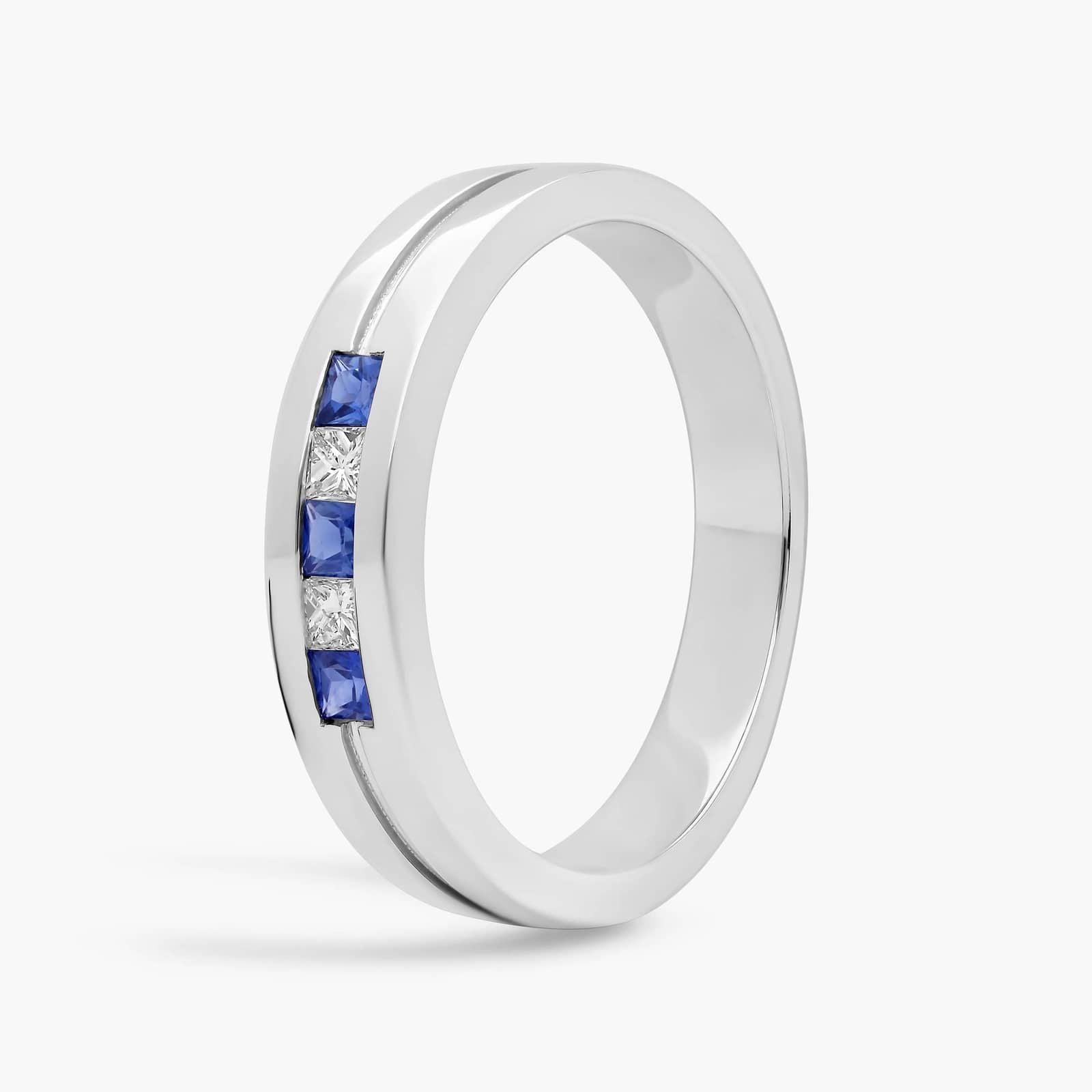 Sterling Silver Princess Cut Blue Sapphire Diamond Band Ring