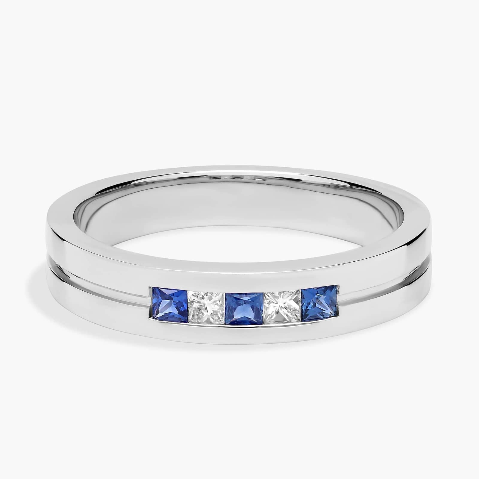 Sterling Silver Princess Cut Blue Sapphire Diamond Band Ring