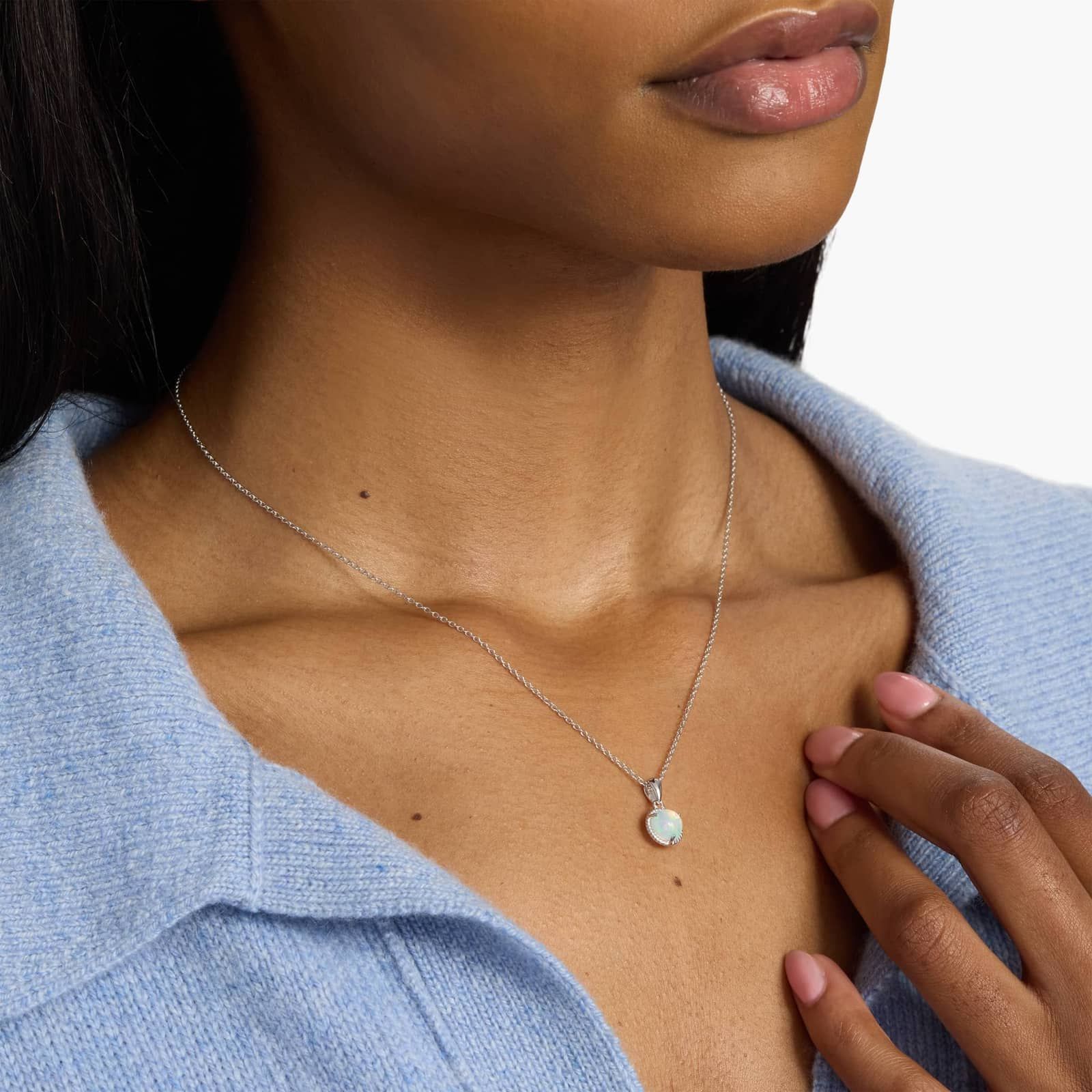 Sterling Silver Round Opal Rope Border Pendant Necklace
