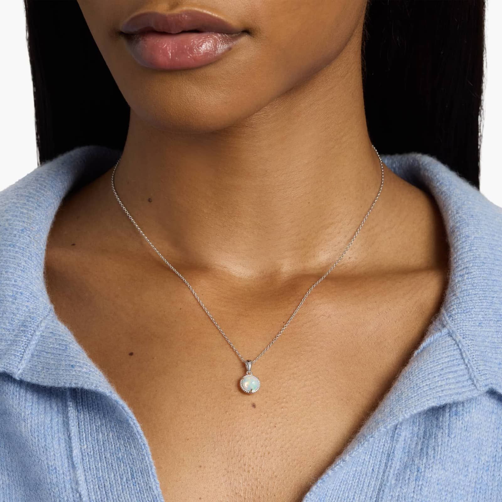 Sterling Silver Round Opal Rope Border Pendant Necklace