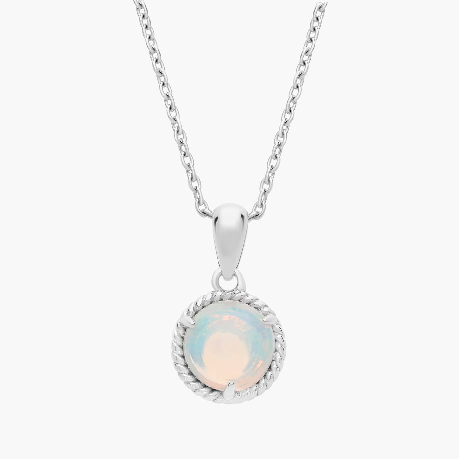Sterling Silver Round Opal Rope Border Pendant Necklace